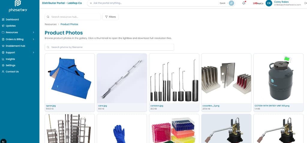 Product photos gallery in the distributor portal, served from the marketing asset library