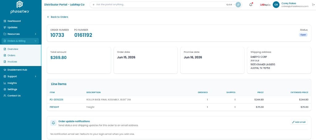 Order detail view with line items, shipping, and status from the ERP