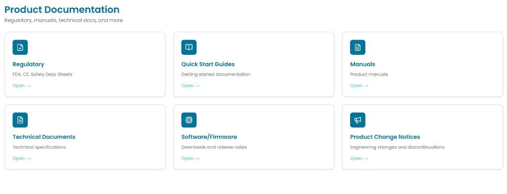 Product documentation library with regulatory, manuals, and technical documents